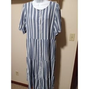 Old Navy Blue White‎ Striped Tiered Maxi Dress Short Sleeve Button Front Large
